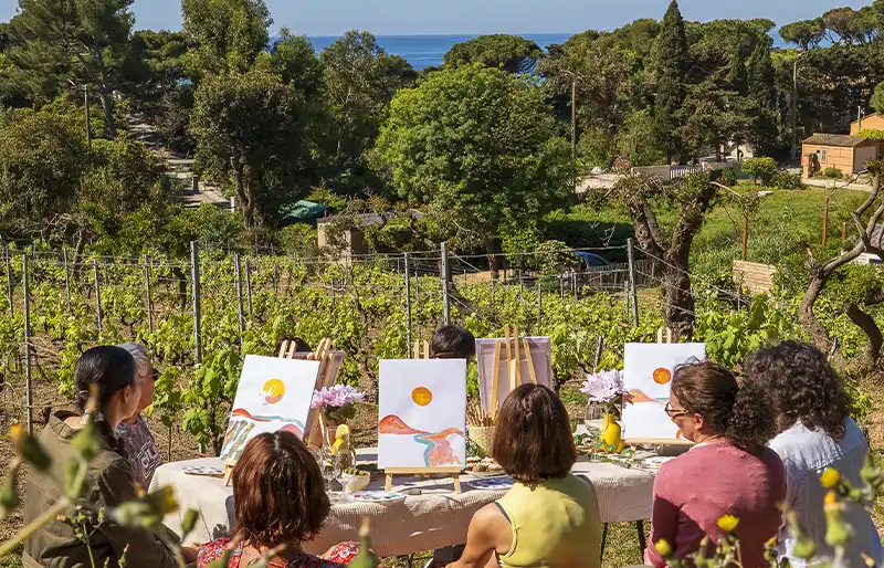 Panorama vue mer vigne et soleil. Peinture Hyères.