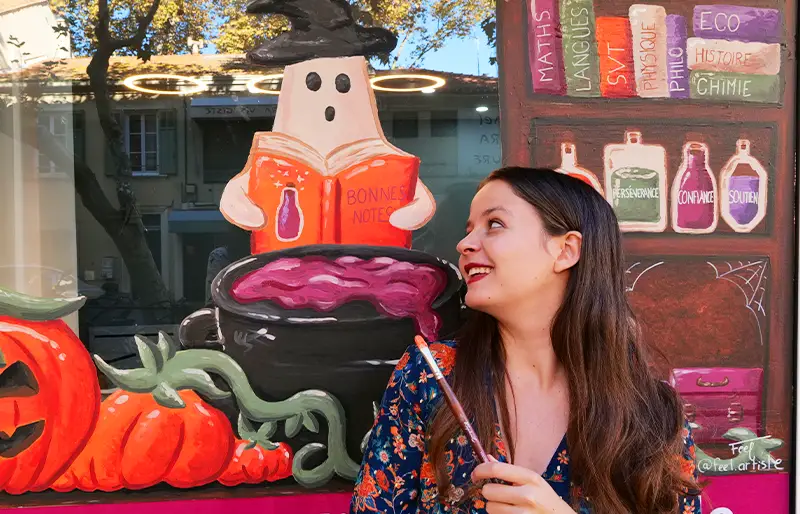 Vitrine halloween peinte Feel artiste peintre Hyères fresque